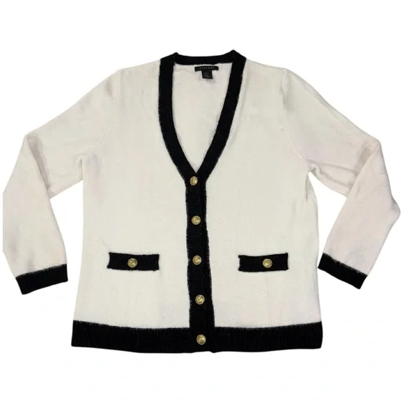 NWOT Tahari Cardigan White w/ Black Trim & Gold Buttons Soft Cardigan Women’s XL - Picture 1 of 11